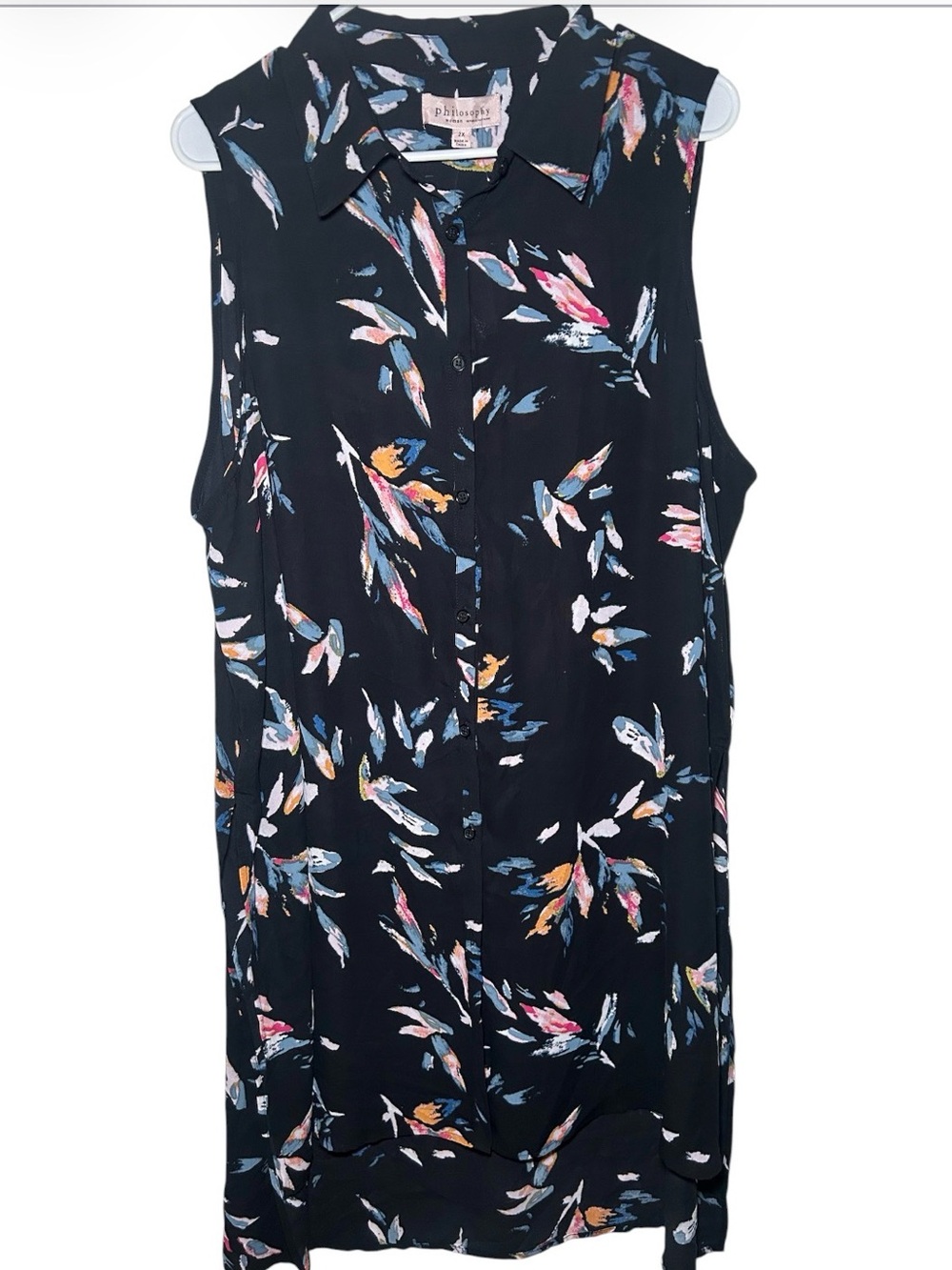 Phyliosophy Sleeveless Black Floral Button-Up Shirt Plus Size Light Flowy 2XL